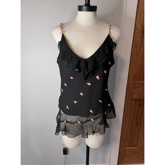 Vintage Tops - VTG I.C.E. Women Silk Cami Top Black Pink Roses SZ LG Grunge Whimsigoth Fairy